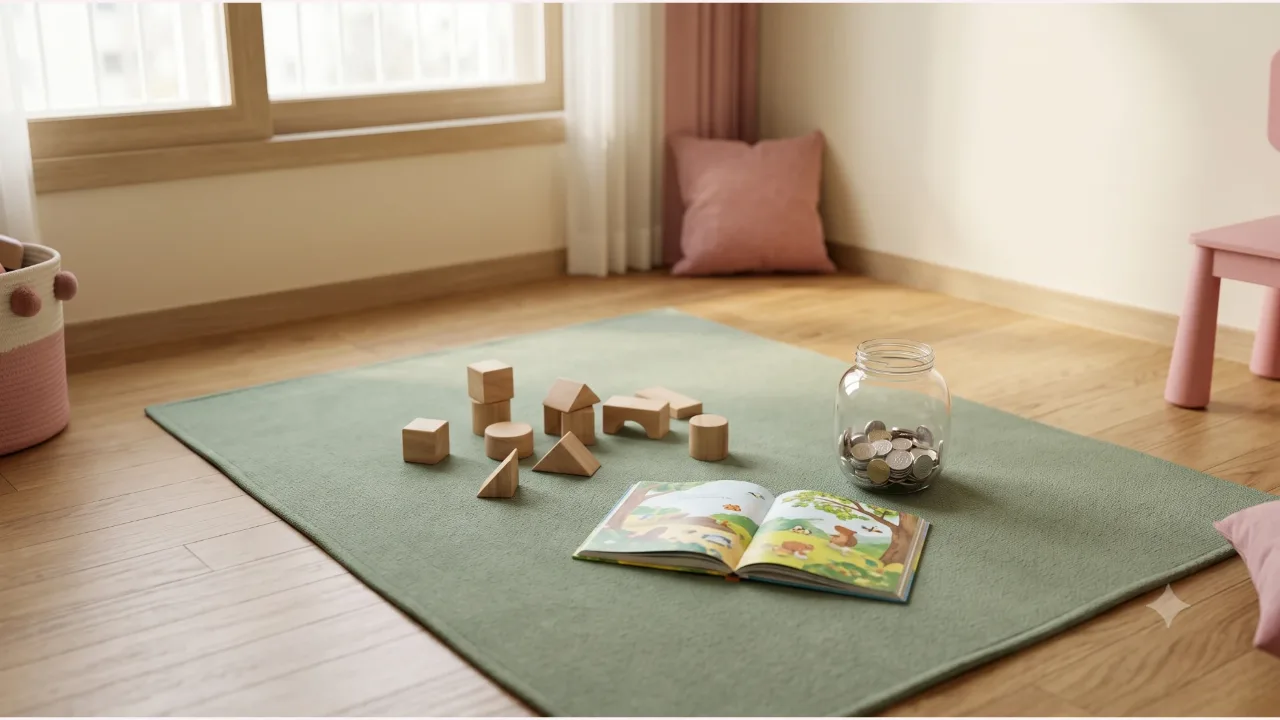 A child's room floor with a sage green rug, wooden building blocks, an open picture book, and a glass piggy-bank jar holding coins