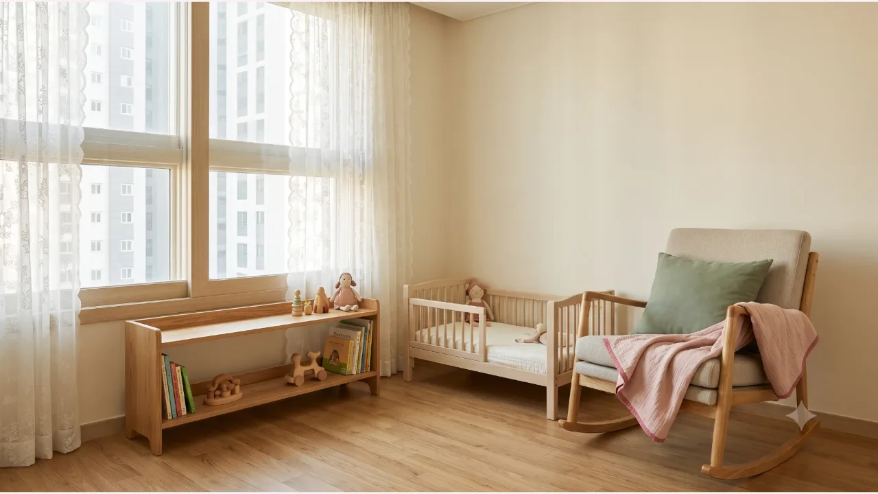 A child's room with cream walls and an oak floor, with a low shelf by the window, a crib, and a rocking chair with a sage green cushion and a pink blanket