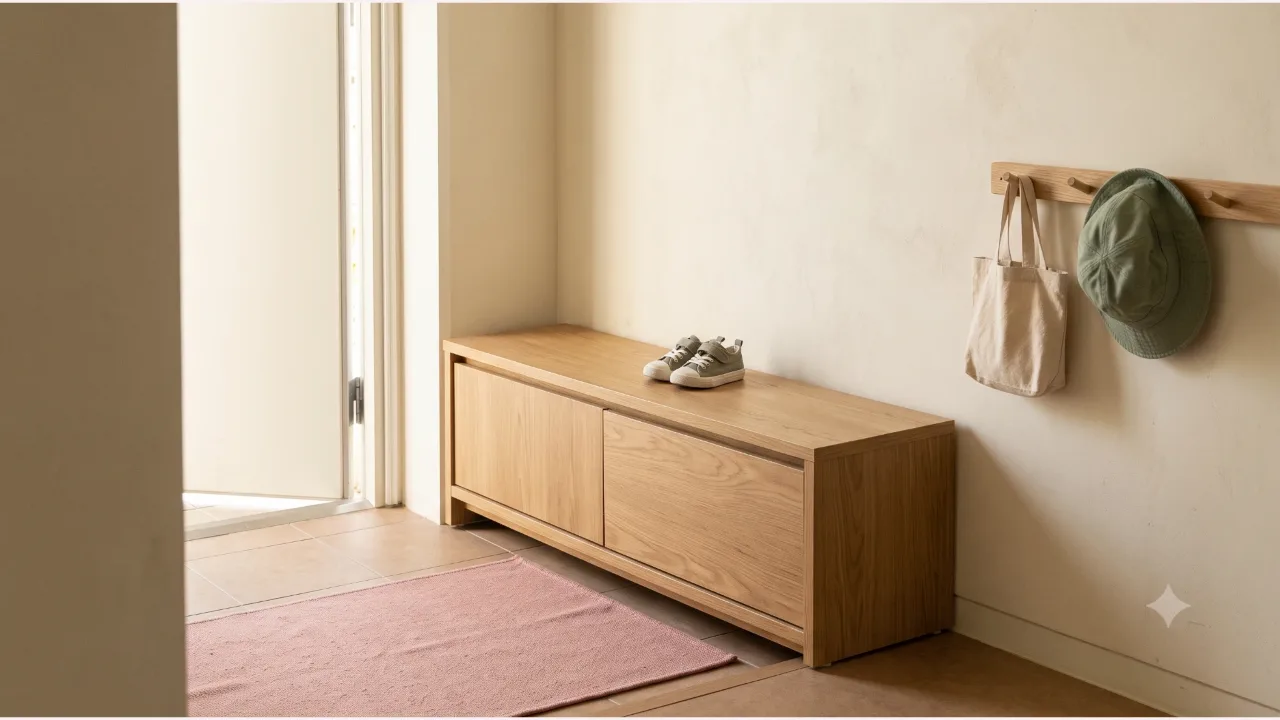 A bright entryway with a child's sneakers on an oak shoe cabinet and a small cloth bag and hat hanging on a wall hook