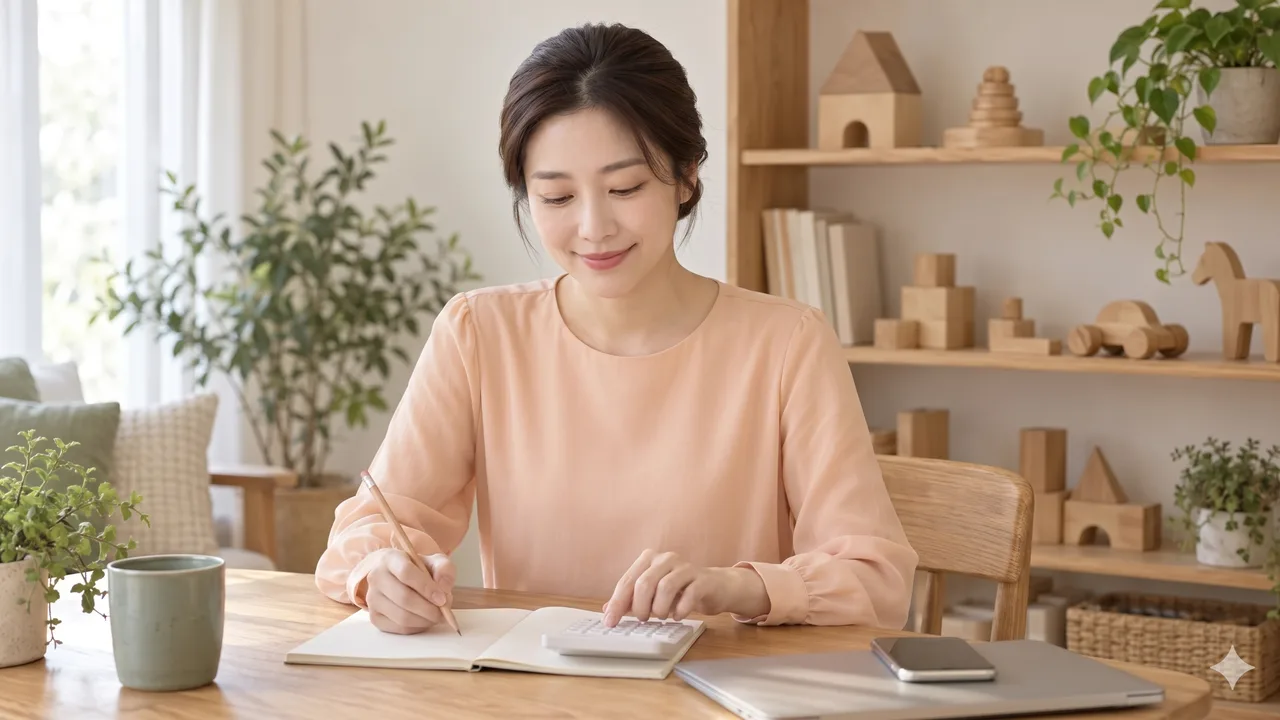 A woman in an apricot blouse pressing a calculator at a living room table while writing amounts in a blank notebook with a pencil