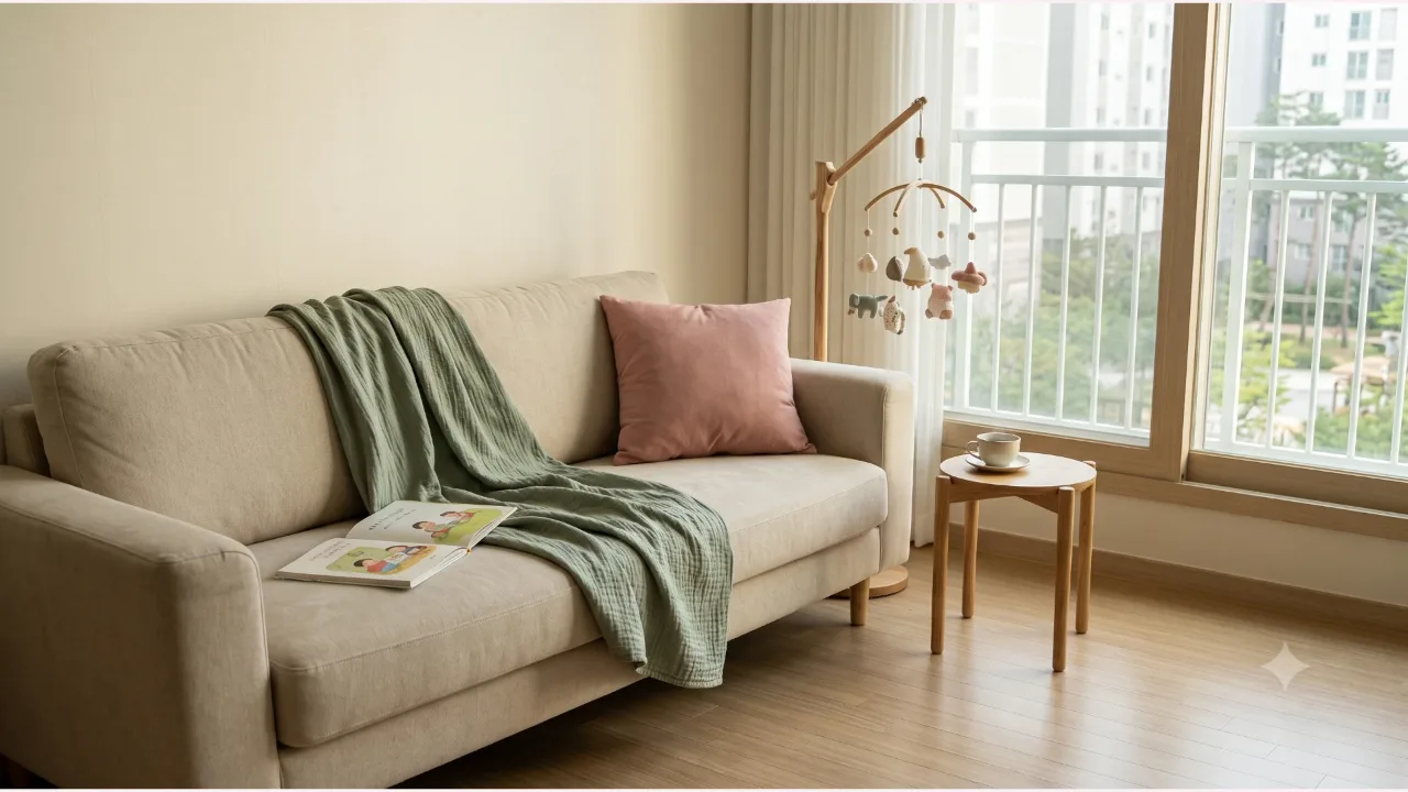 A daytime living room scene with a green blanket and an open picture book on the sofa, next to a baby mobile and a cup of tea